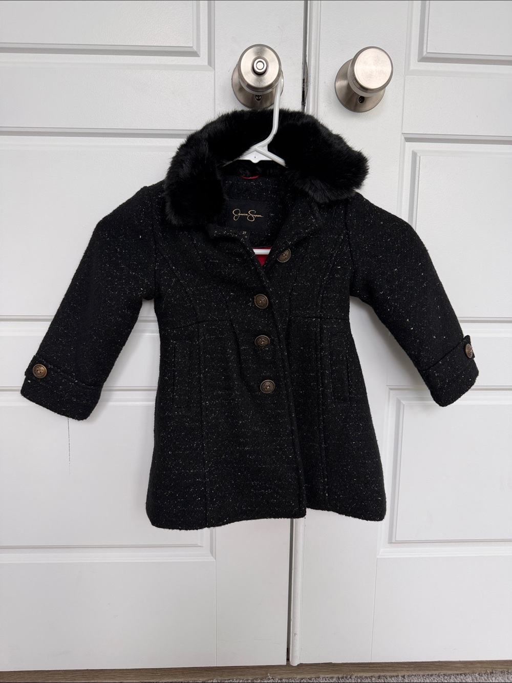 Jessica Simpson Girls Black Pea Coat with Faux Fur Collar